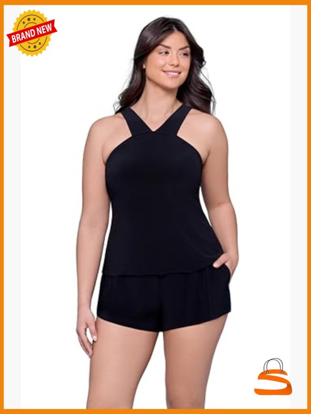Slimming High Neck Swim Romper with Pockets Adjustable Straps - Picture 2 of 6